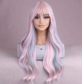 26 inch Pink Gradient Long Curly Synthetic Hair Lolita Japanese Cosplay Party Natural Female Wigs with Bangs